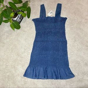 NWT Bloomingdales Do+Be Blue Denim Ruffle Smocked Bodycon Mini Dress Size Medium